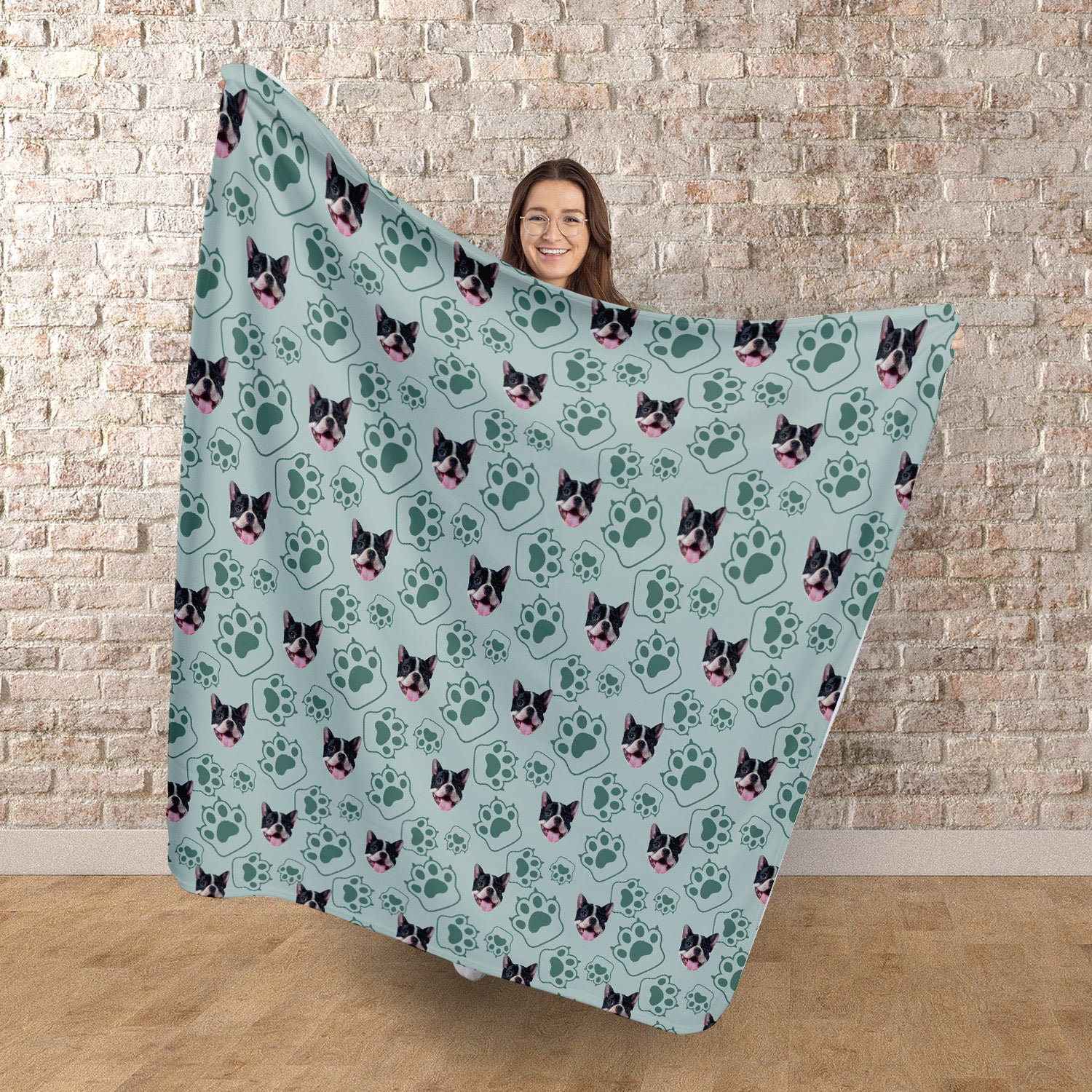 Pet Face Pattern - Minty Paws Print - Fleece Blanket 150cm x 150cm