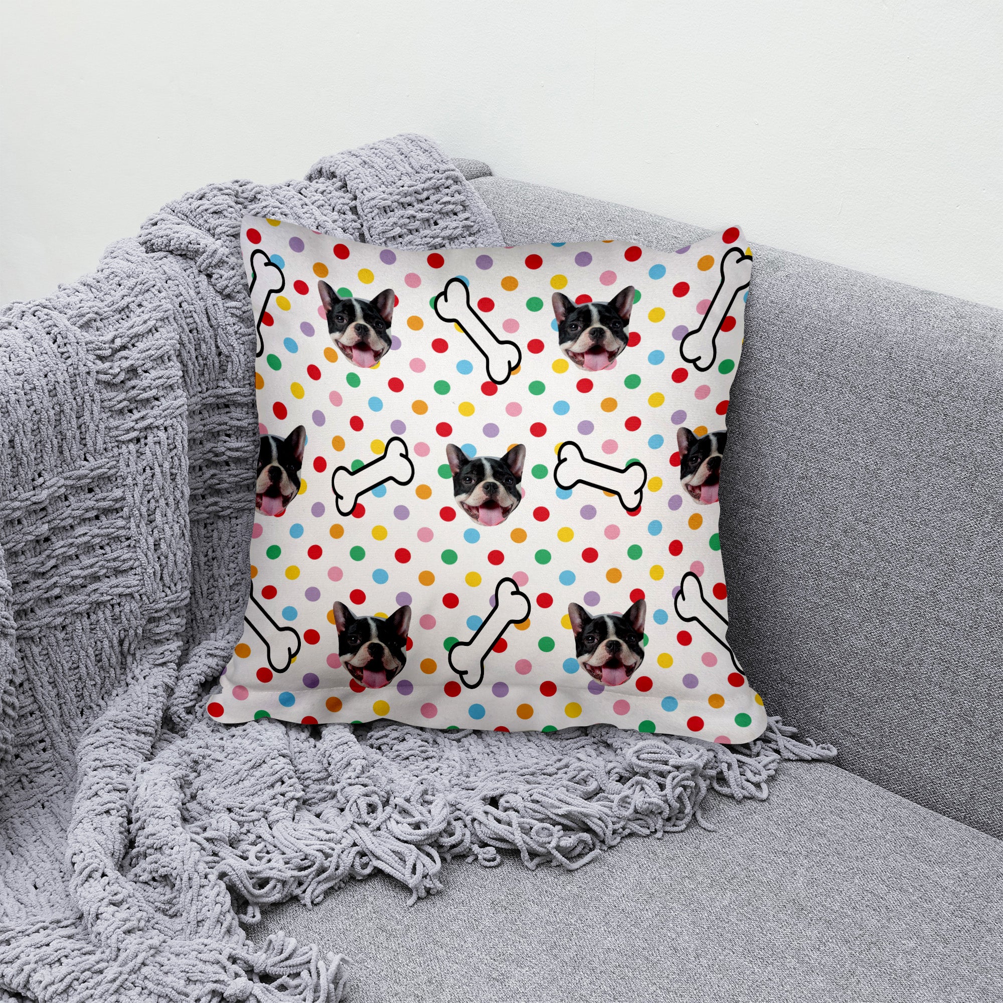 Pet Pattern - Multicoloured Polka Dot & Bones Print - 26cm x 26cm - Personalised Cushion