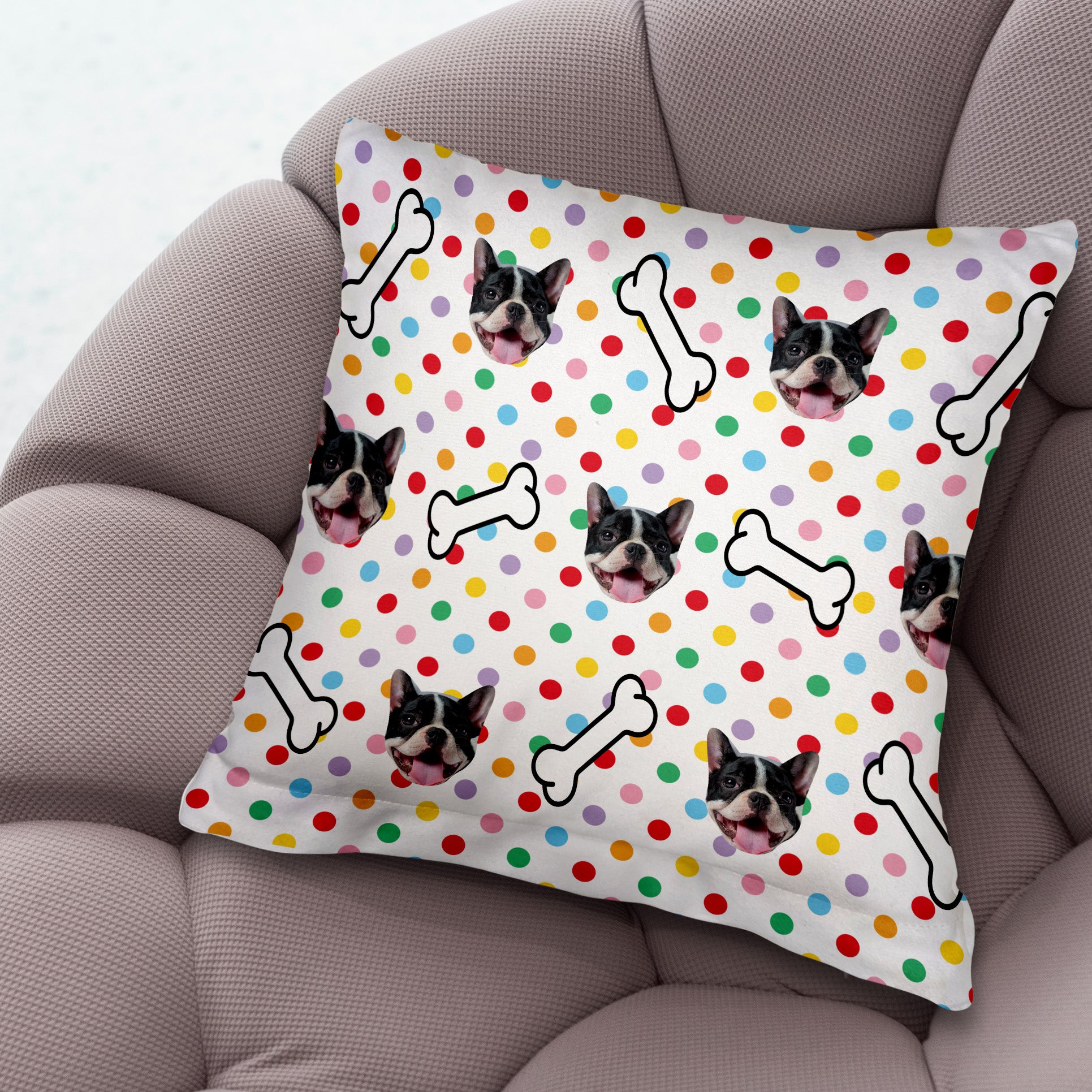 Pet Pattern - Multicoloured Polka Dot & Bones Print - 26cm x 26cm - Personalised Cushion