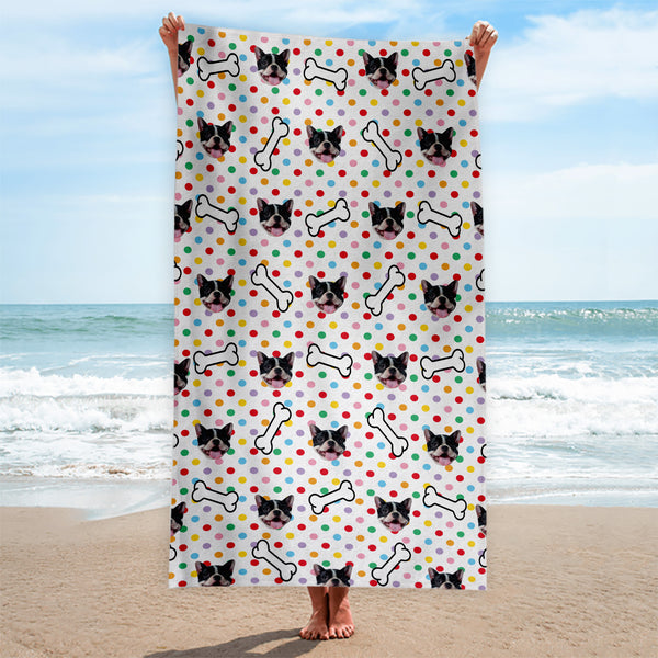 Pet Pattern - Multicoloured Polka Dot & Bones - Personalised Lightweight, Microfibre Beach Towel - 150CM X 75CM