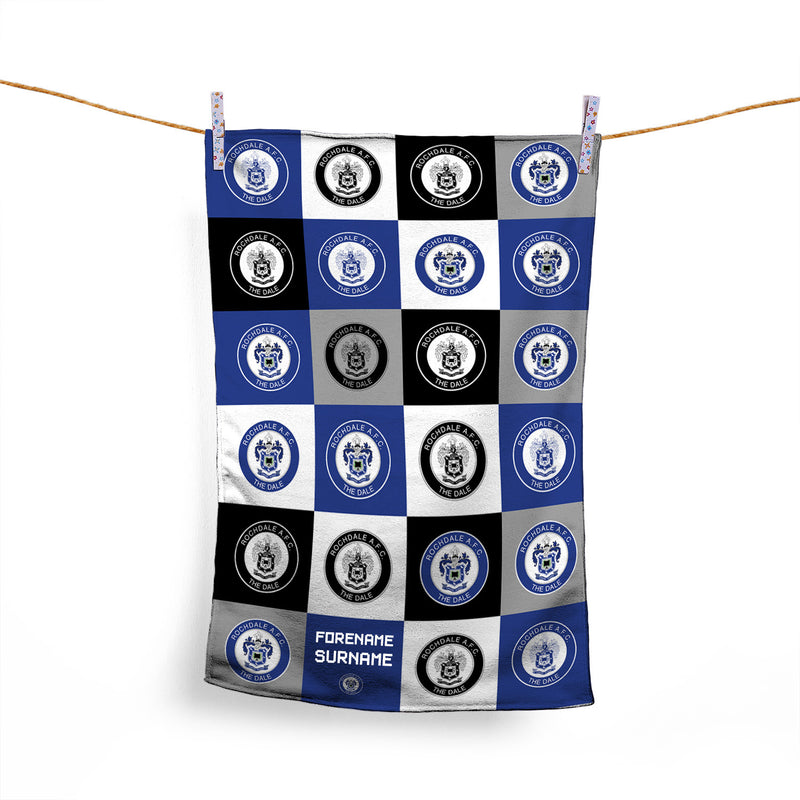 Rochdale FC - Chequered - Name Personalised Lightweight, Microfibre Tea Towel - Officially Licenced