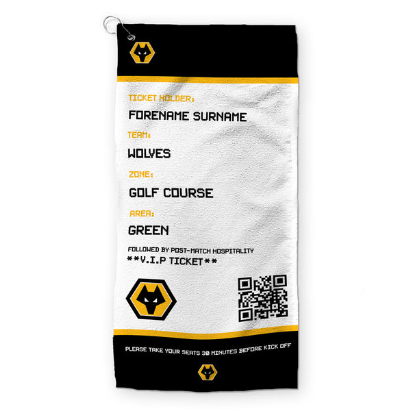 Wolves - Ticket - Name and Number Lightweight, Microfibre Golf Towel - Officially Licenced