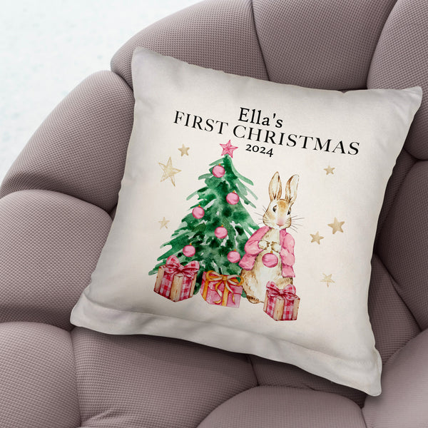 First Christmas - Pink or Blue Bunny - 26cm x 26cm - Personalised Cushion