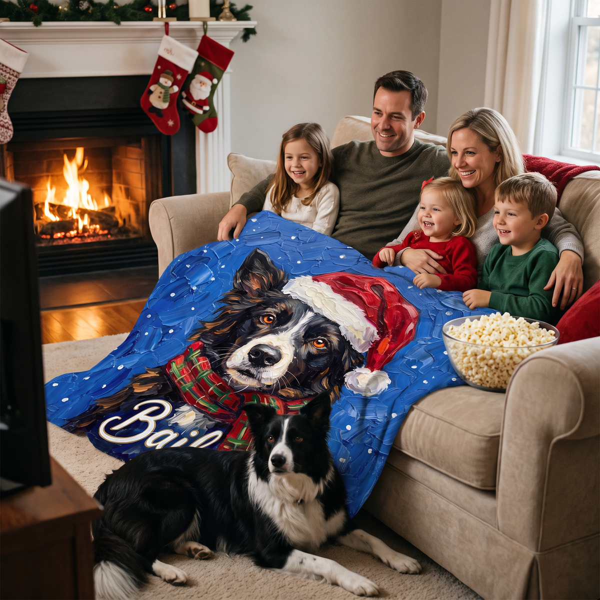Family movie night by the fire under a Christmas pet portrait blanket with their collie