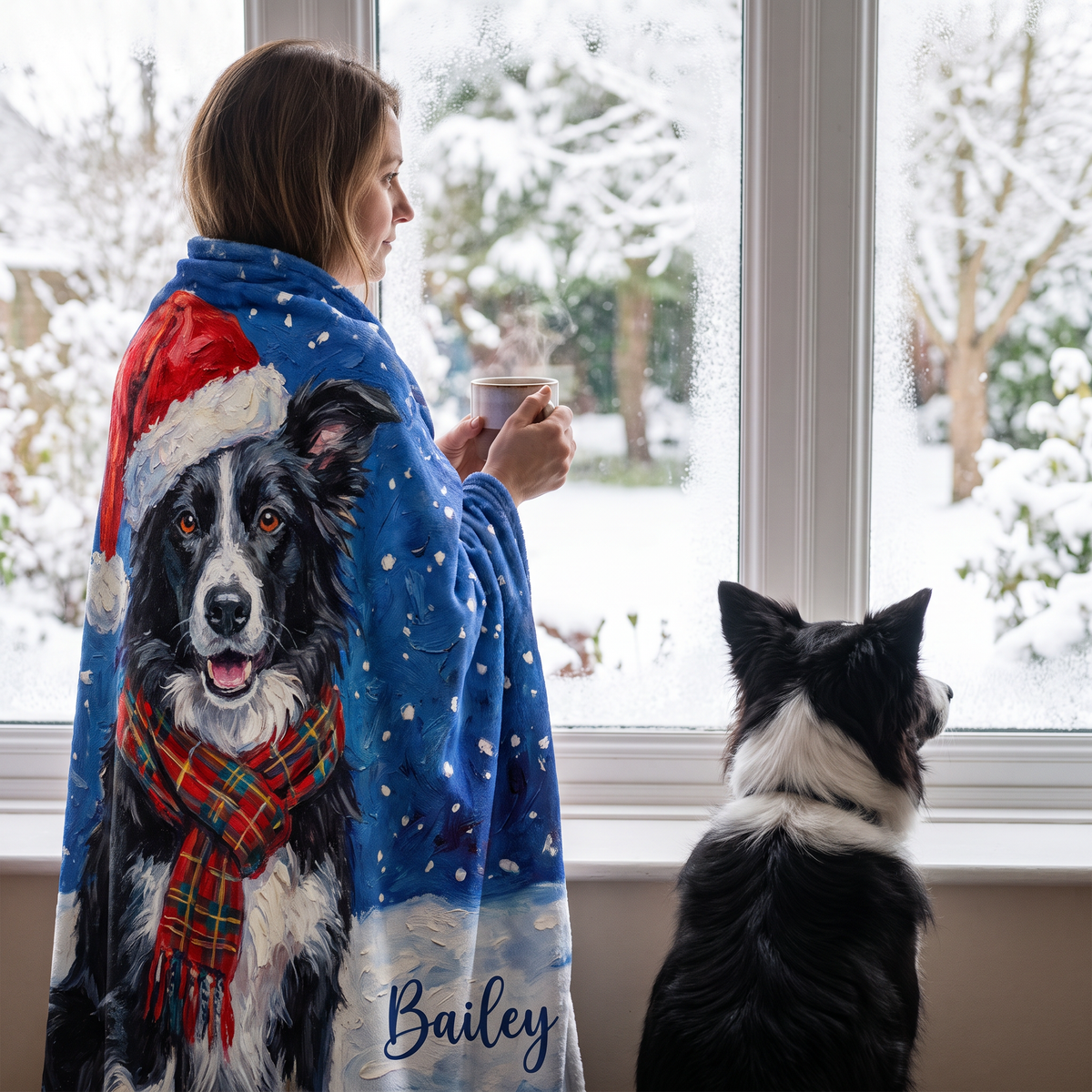 Woman wrapped in a Christmas pet portrait blanket at a snowy window with her collie