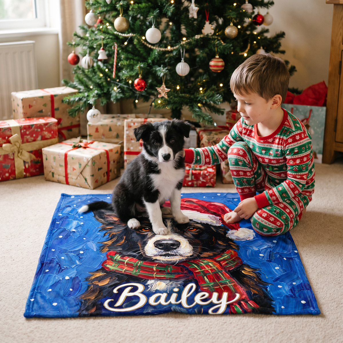 Boy and border collie puppy on a lap size Christmas pet blanket under the tree