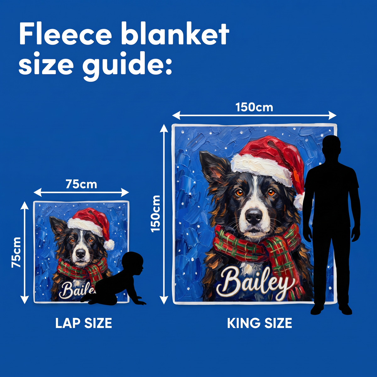 Fleece blanket size guide - Lap Size 75cm x 75cm and King Size 150cm x 150cm