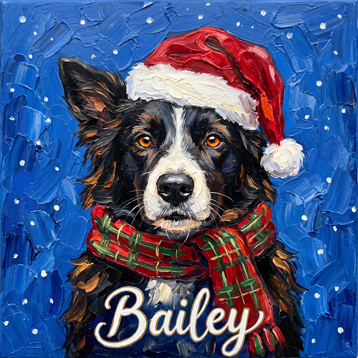 Christmas pet portrait artwork of a border collie in a Santa hat with name