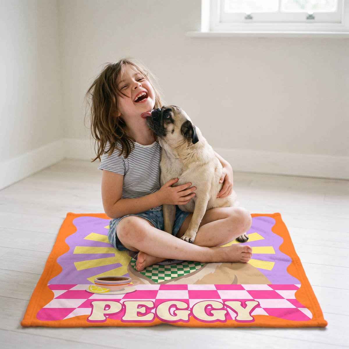 Girl giggling with her pug puppy on a lap size pop art pet blanket