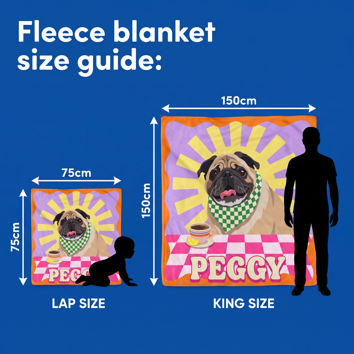Fleece blanket size guide - Lap Size 75cm x 75cm and King Size 150cm x 150cm