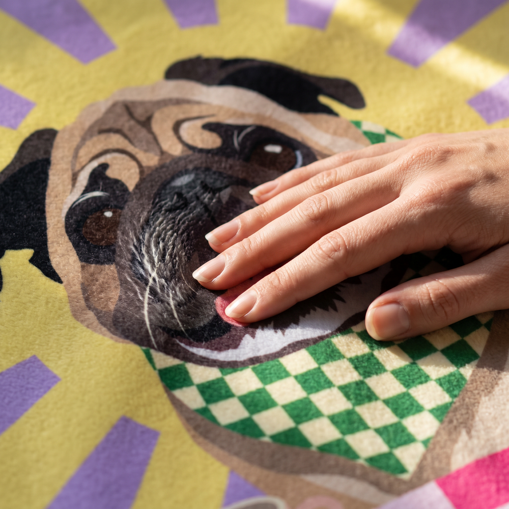 Close up of a hand on the ultra soft plush fleece showing the pop art print