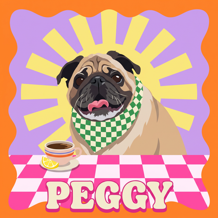 Fancy Pups pop art pet portrait artwork of a pug with name