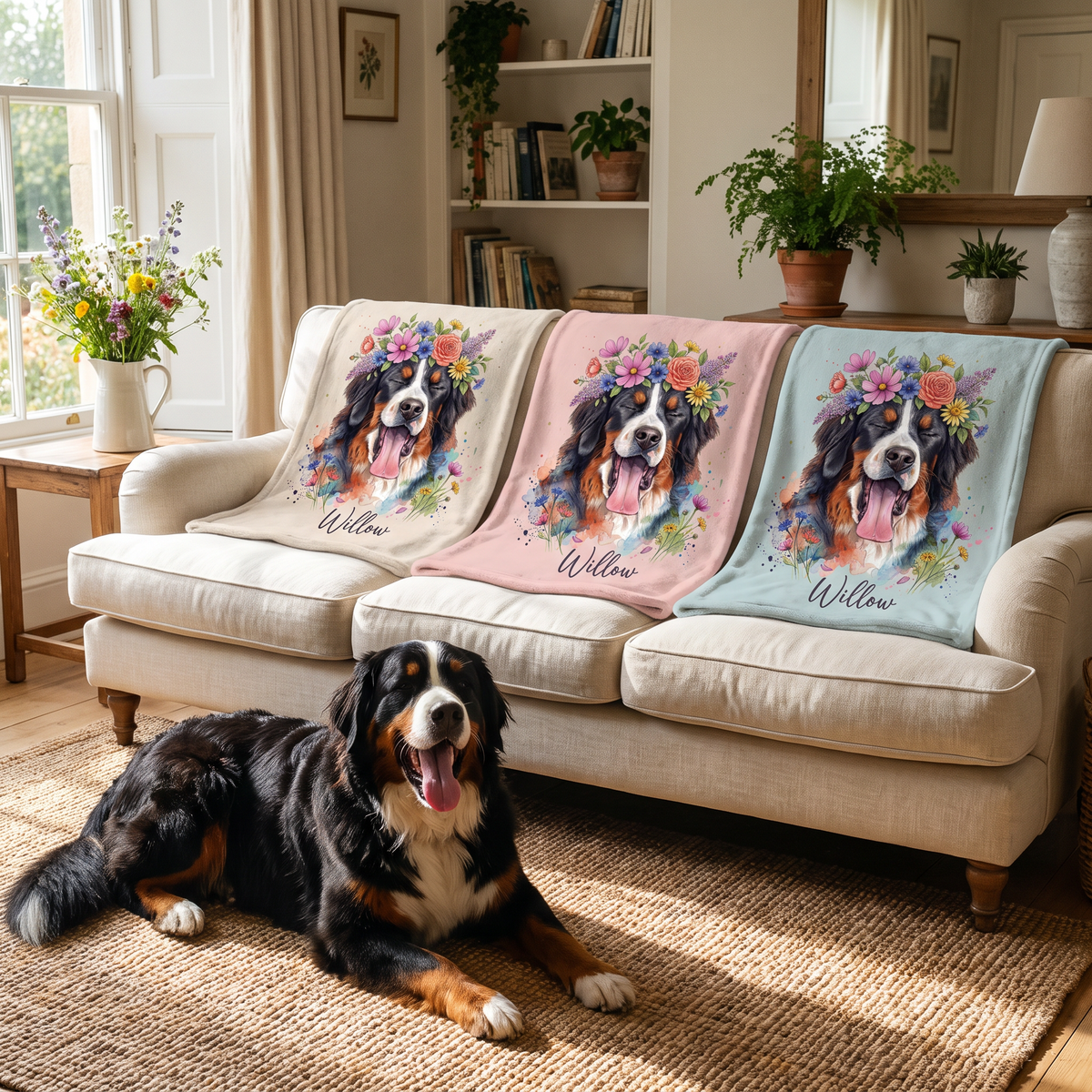 The flower crown pet blanket in oatmeal, blush pink and duck-egg blue