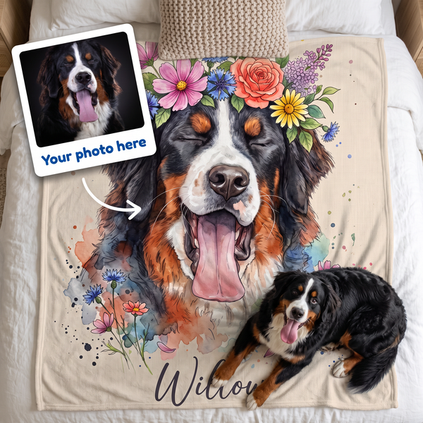Your photo here - your pet's photo turned into a flower crown portrait on a king size fleece blanket