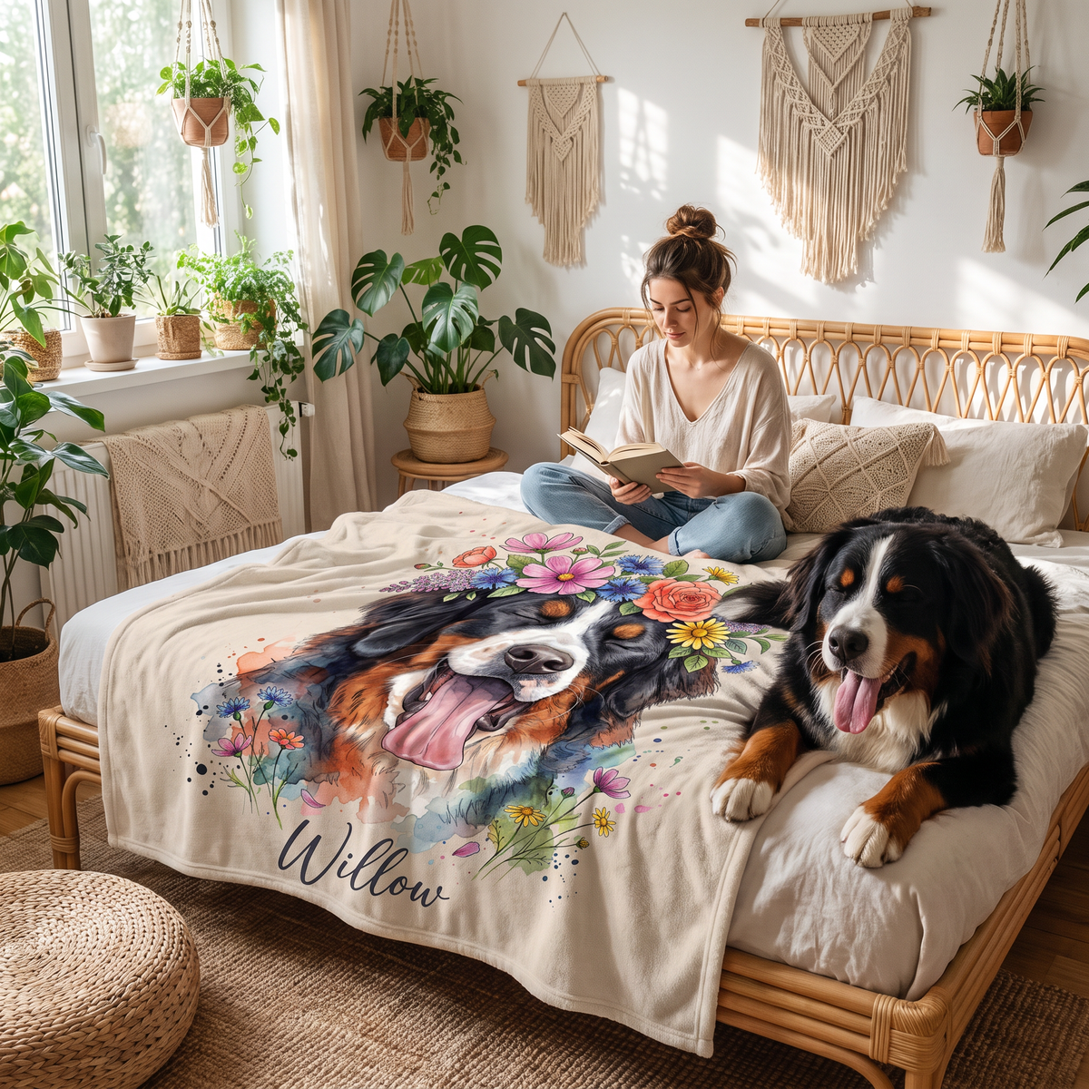 Woman reading on a rattan bed under a flower crown Bernese portrait blanket with her dog