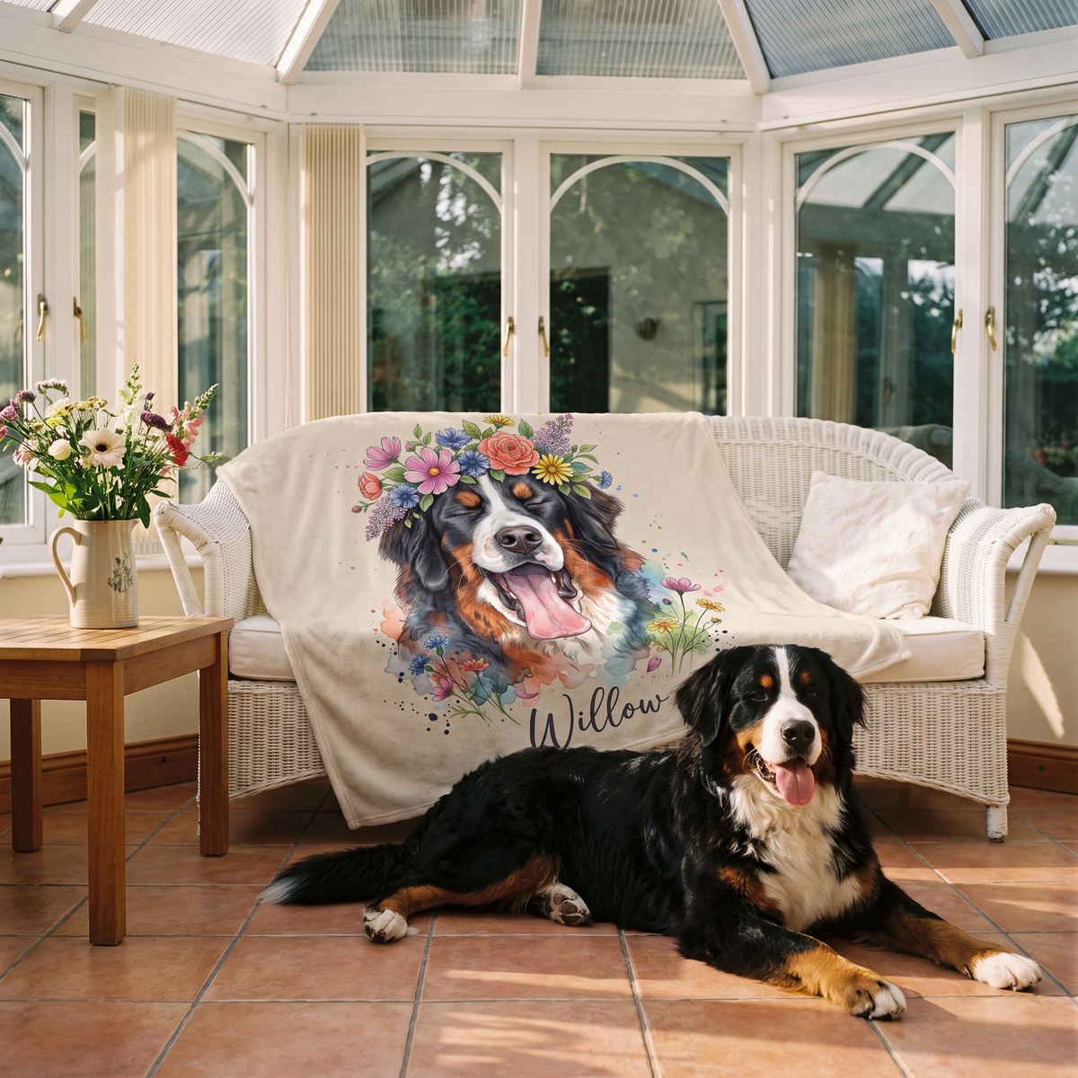 Flower crown pet portrait blanket on a wicker daybed in a sunny conservatory