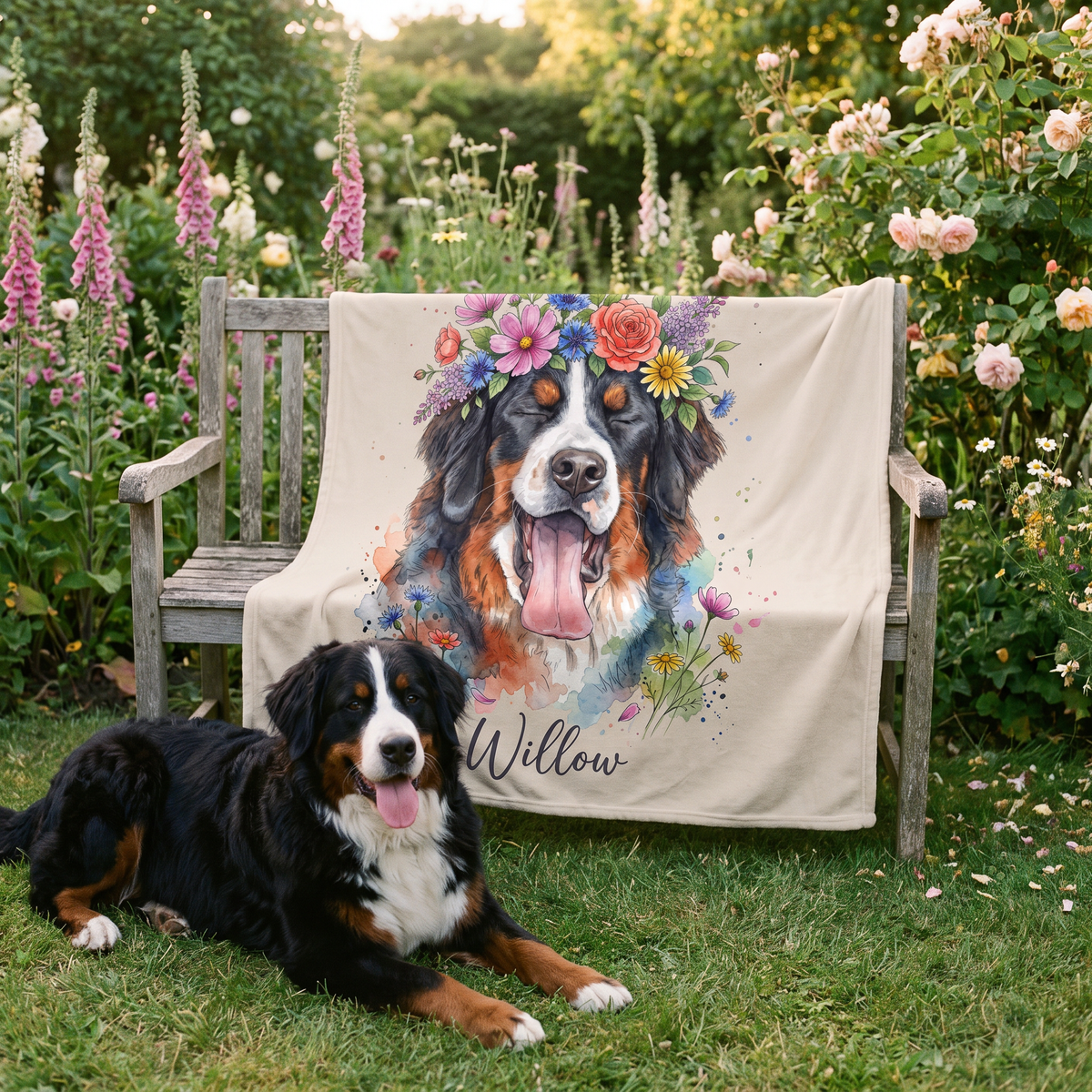Flower crown pet blanket on a garden bench with a Bernese mountain dog on the lawn