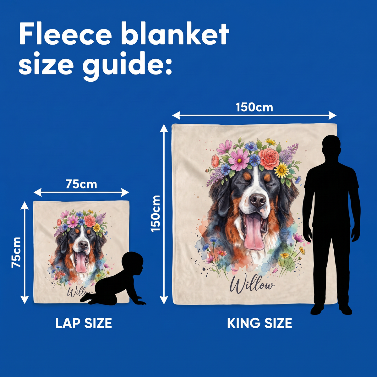 Fleece blanket size guide - Lap Size 75cm x 75cm and King Size 150cm x 150cm