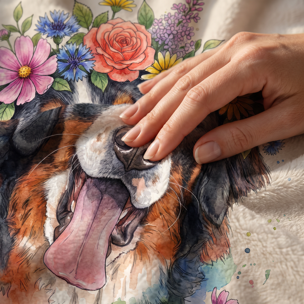 Close up of a hand on the ultra soft plush fleece showing the flower crown print