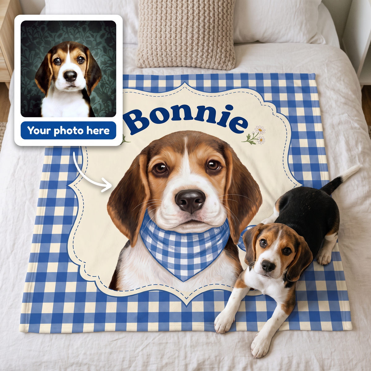 Your photo here - your pet's photo turned into a gingham storybook portrait on a king size fleece blanket