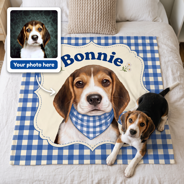 Your photo here - your pet's photo turned into a gingham storybook portrait on a king size fleece blanket