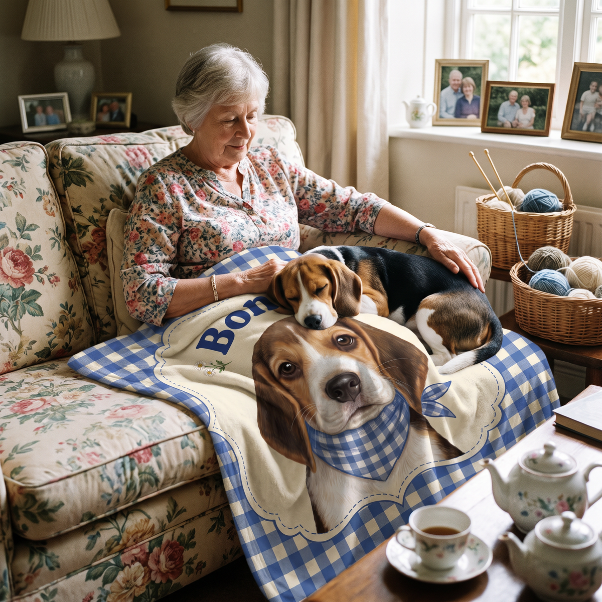 Grandmother on the sofa with a gingham pet portrait blanket and a sleeping beagle puppy