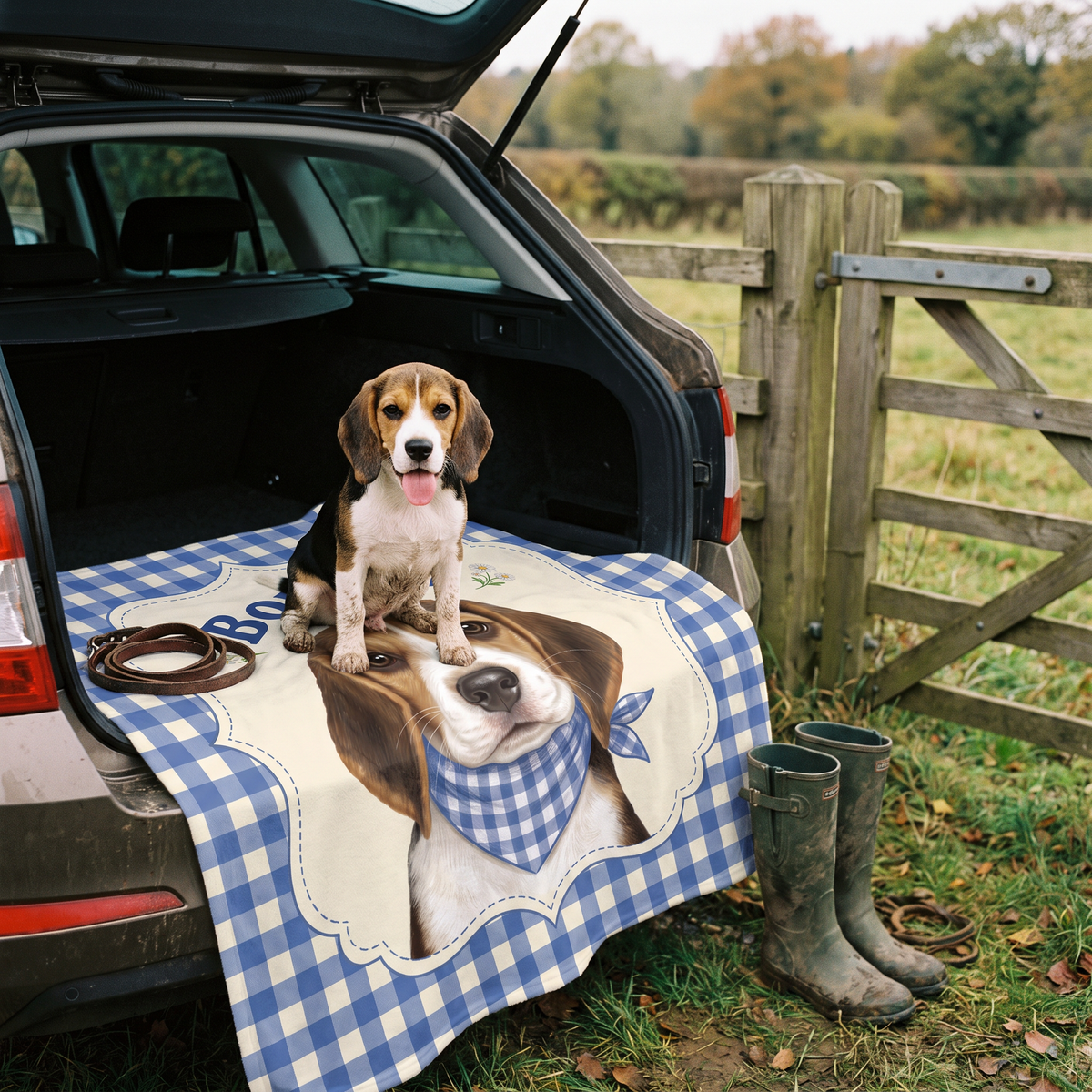 Beagle sitting on its gingham portrait blanket in the car boot after a country walk