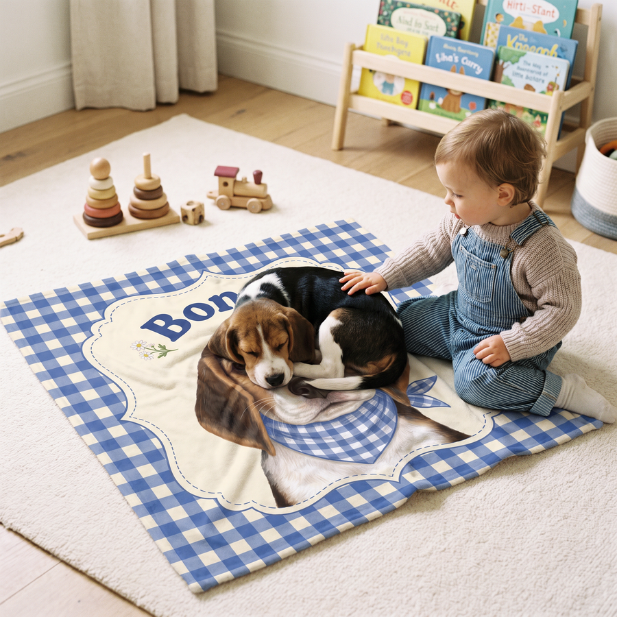 Toddler patting a beagle puppy asleep on a lap size gingham portrait blanket
