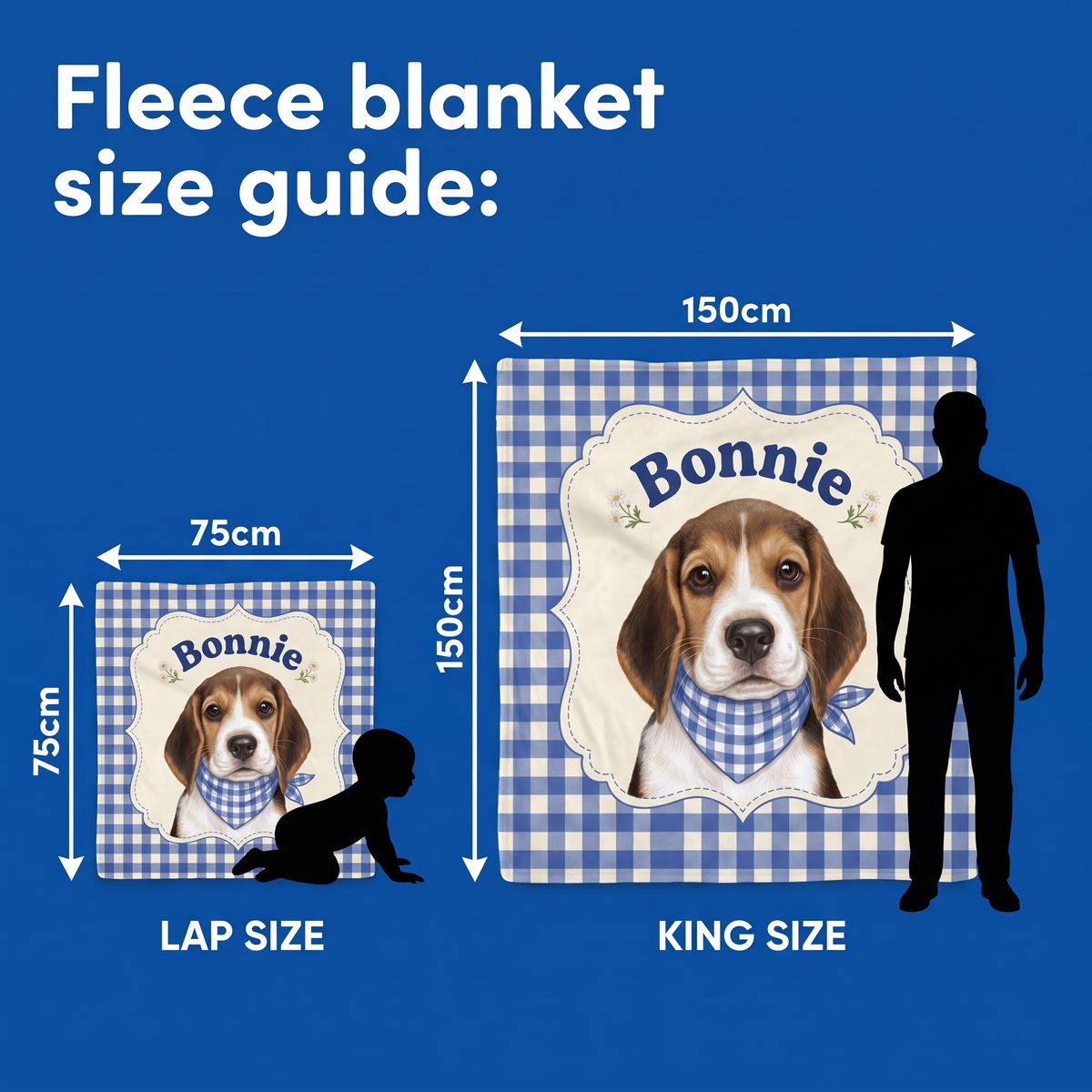 Fleece blanket size guide - Lap Size 75cm x 75cm and King Size 150cm x 150cm