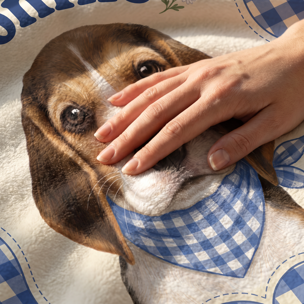 Close up of a hand on the ultra soft plush fleece showing the gingham pet print