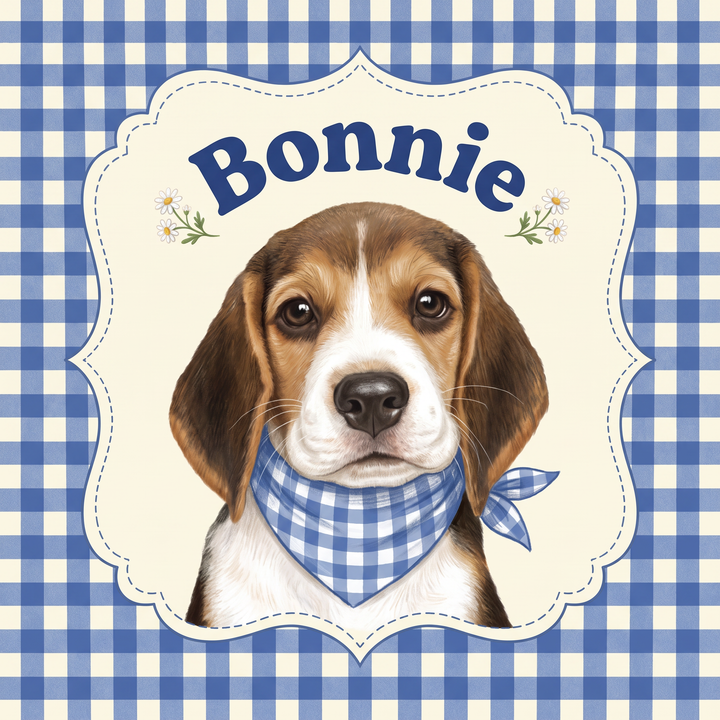 Picnic gingham pet portrait artwork of a beagle puppy with name