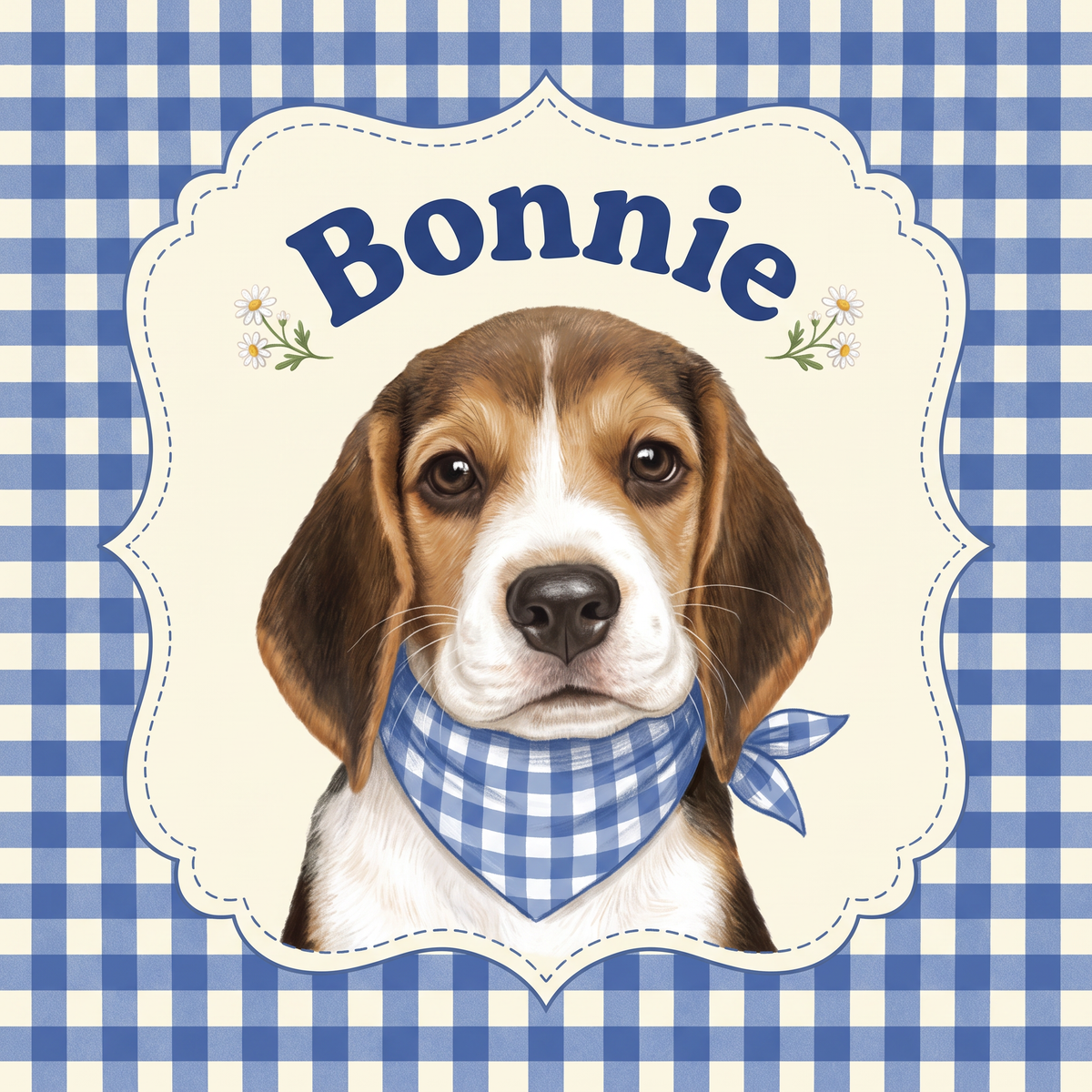 Picnic gingham pet portrait artwork of a beagle puppy with name