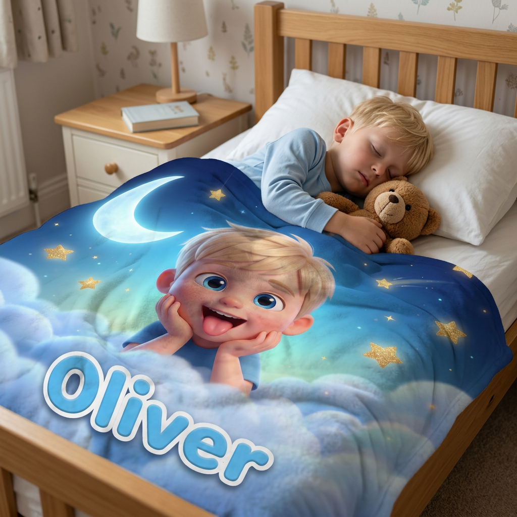 Dreamy Clouds Blue Kids Portrait Blanket - Personalised Fleece Blanket From Your Photo