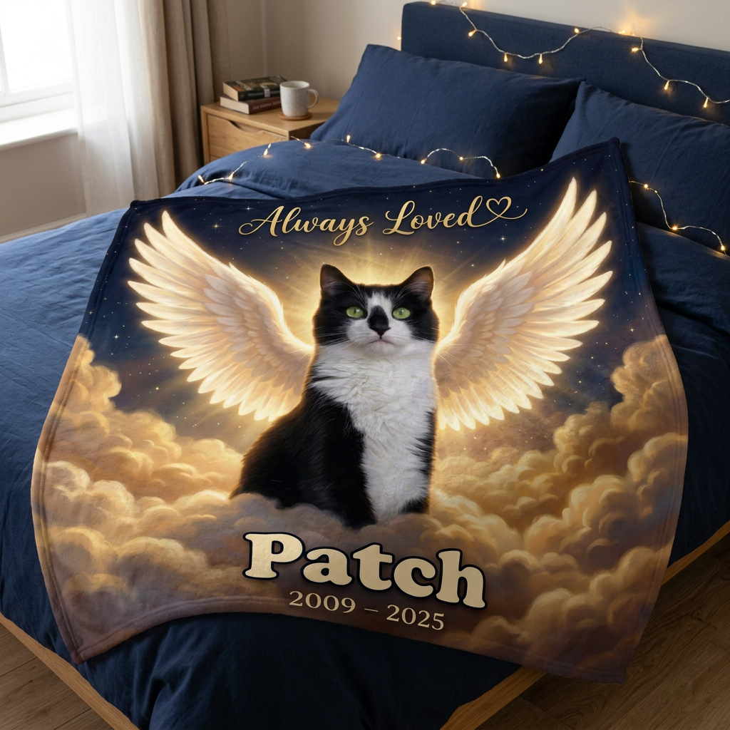 Heavenly Clouds Memorial Pet Portrait Blanket - Personalised Fleece Blanket From Your Photo