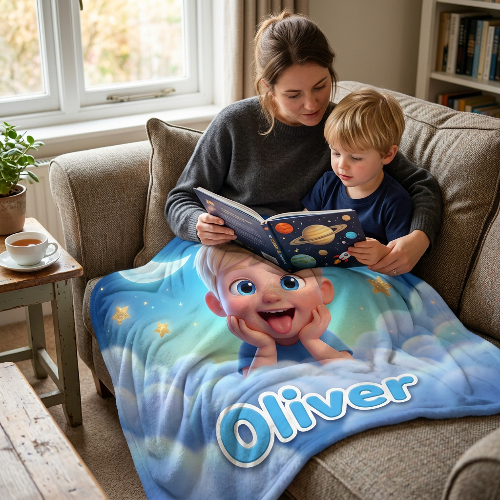 Dreamy Clouds Blue Kids Portrait Blanket - Personalised Fleece Blanket From Your Photo