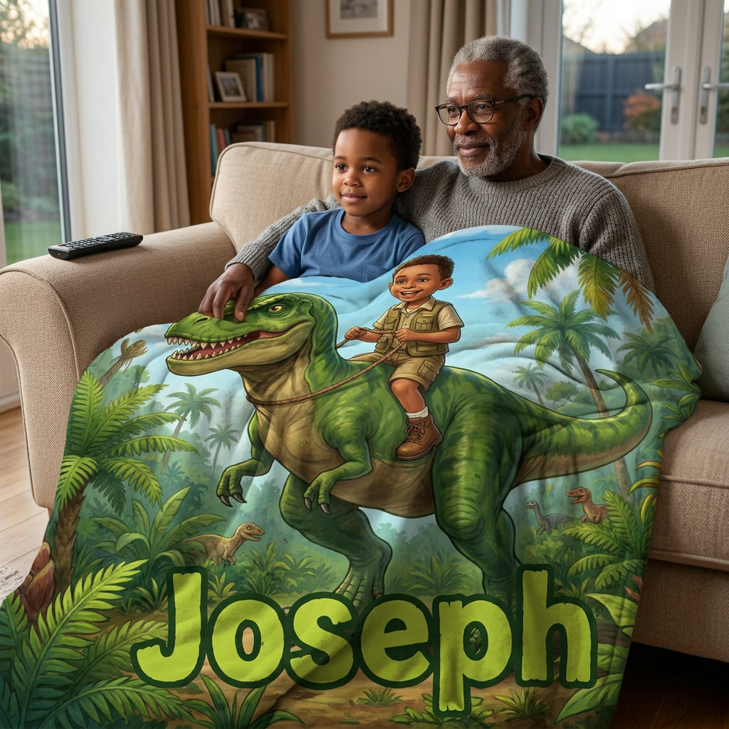 Dino Rider Kids Portrait Blanket - Personalised Fleece Blanket From Your Photo