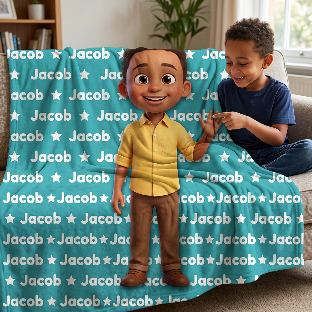 Cartoon Name Pattern Kids Portrait Blanket - Personalised Fleece Blanket From Your Photo
