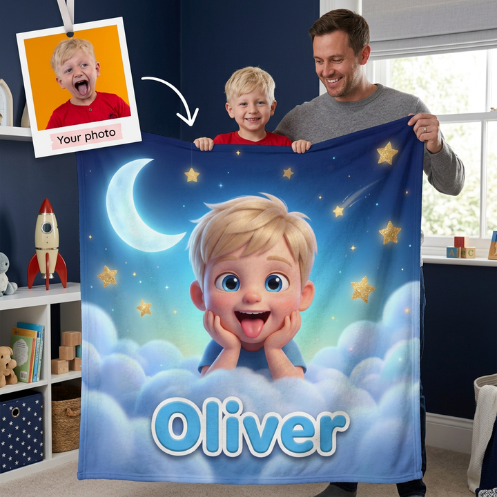 Dreamy Clouds Blue Kids Portrait Blanket - Personalised Fleece Blanket From Your Photo