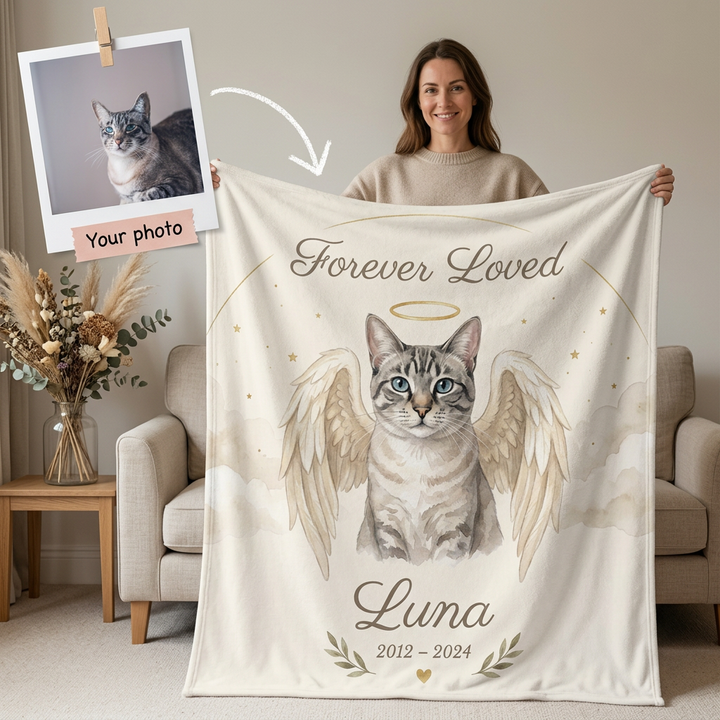 Angel Wings Memorial Pet Portrait Blanket - Personalised Fleece Blanket From Your Photo
