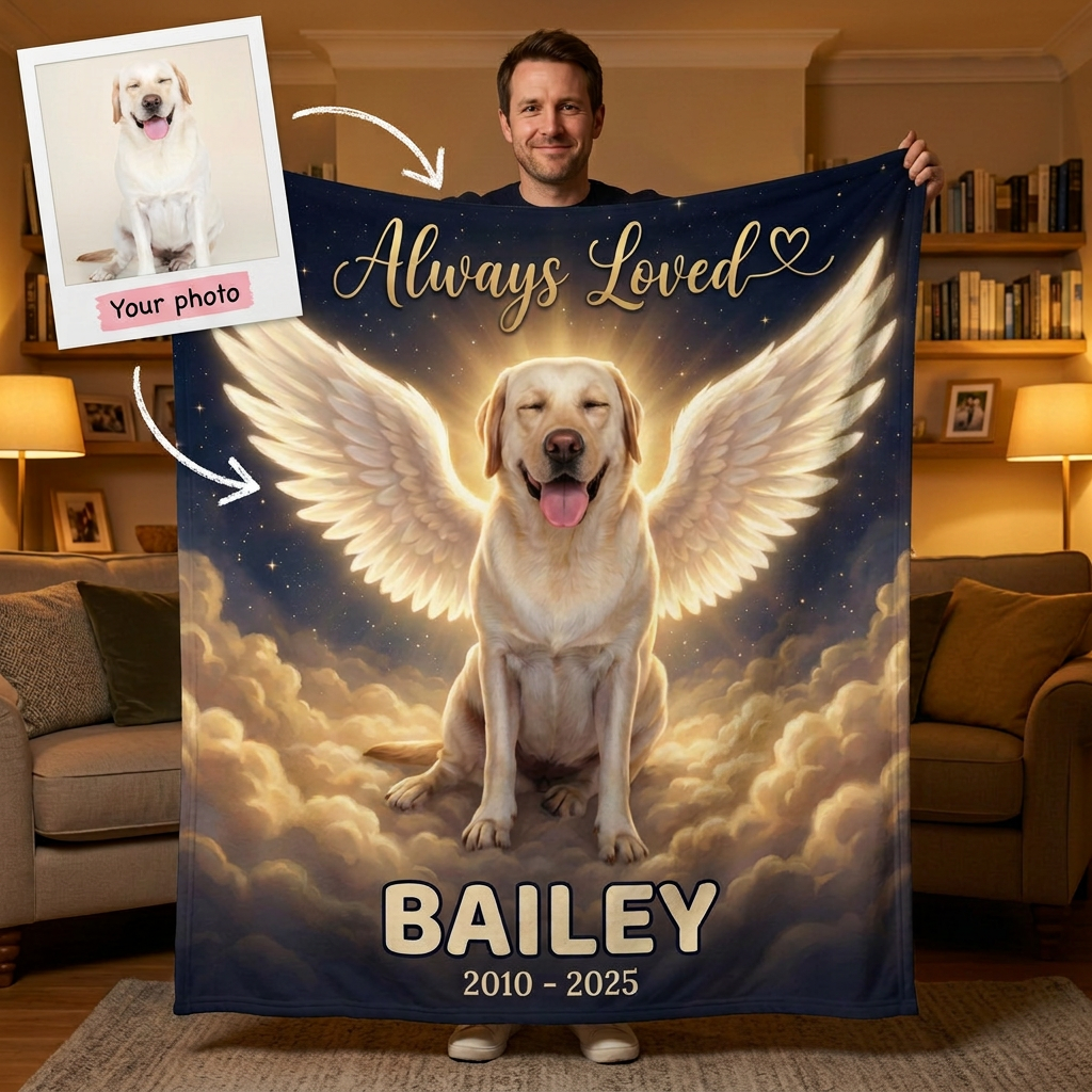 Heavenly Clouds Memorial Pet Portrait Blanket - Personalised Fleece Blanket From Your Photo