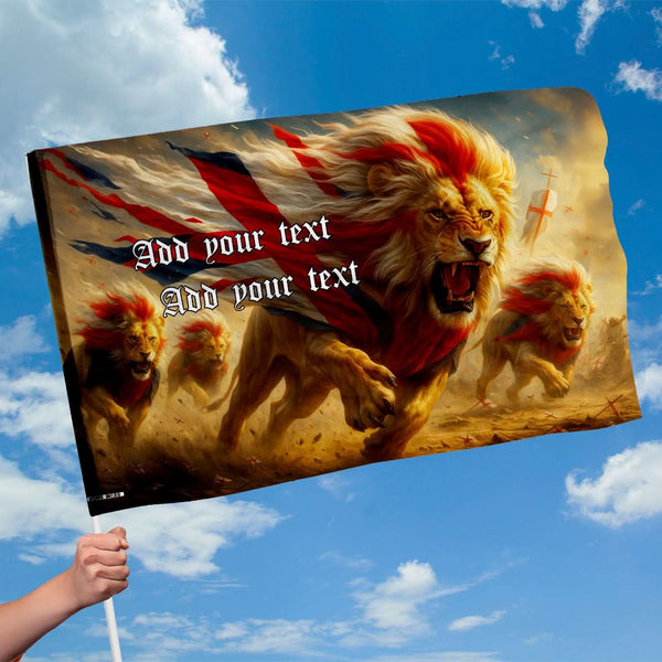 Fierce Lions, England Flag with sleeve - Add Text - 4 Sizes!