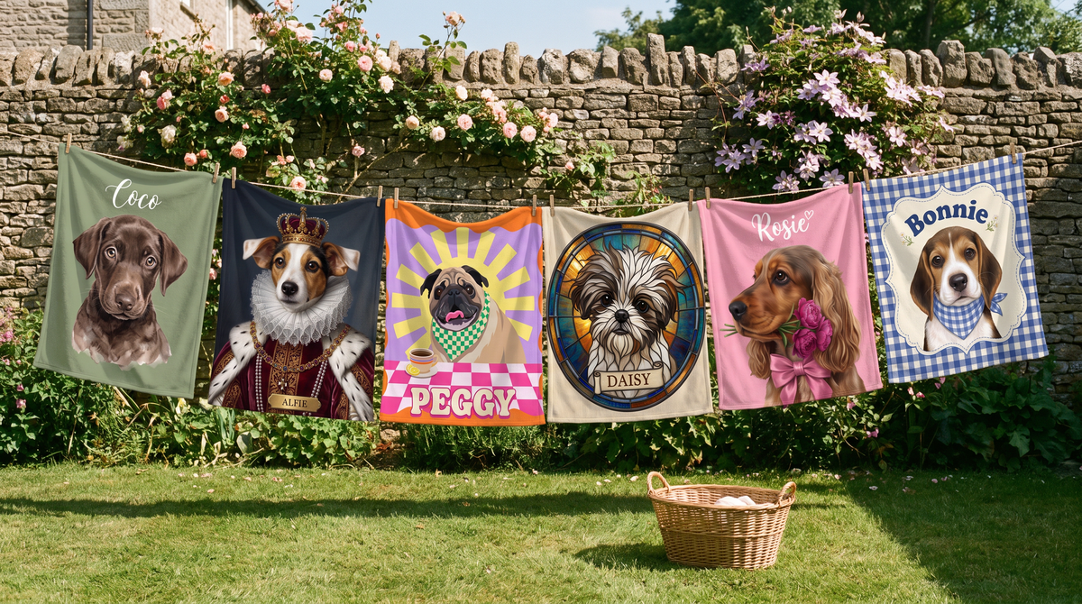 Six personalised pet portrait fleece blankets in different styles pegged on a washing line in a cottage garden