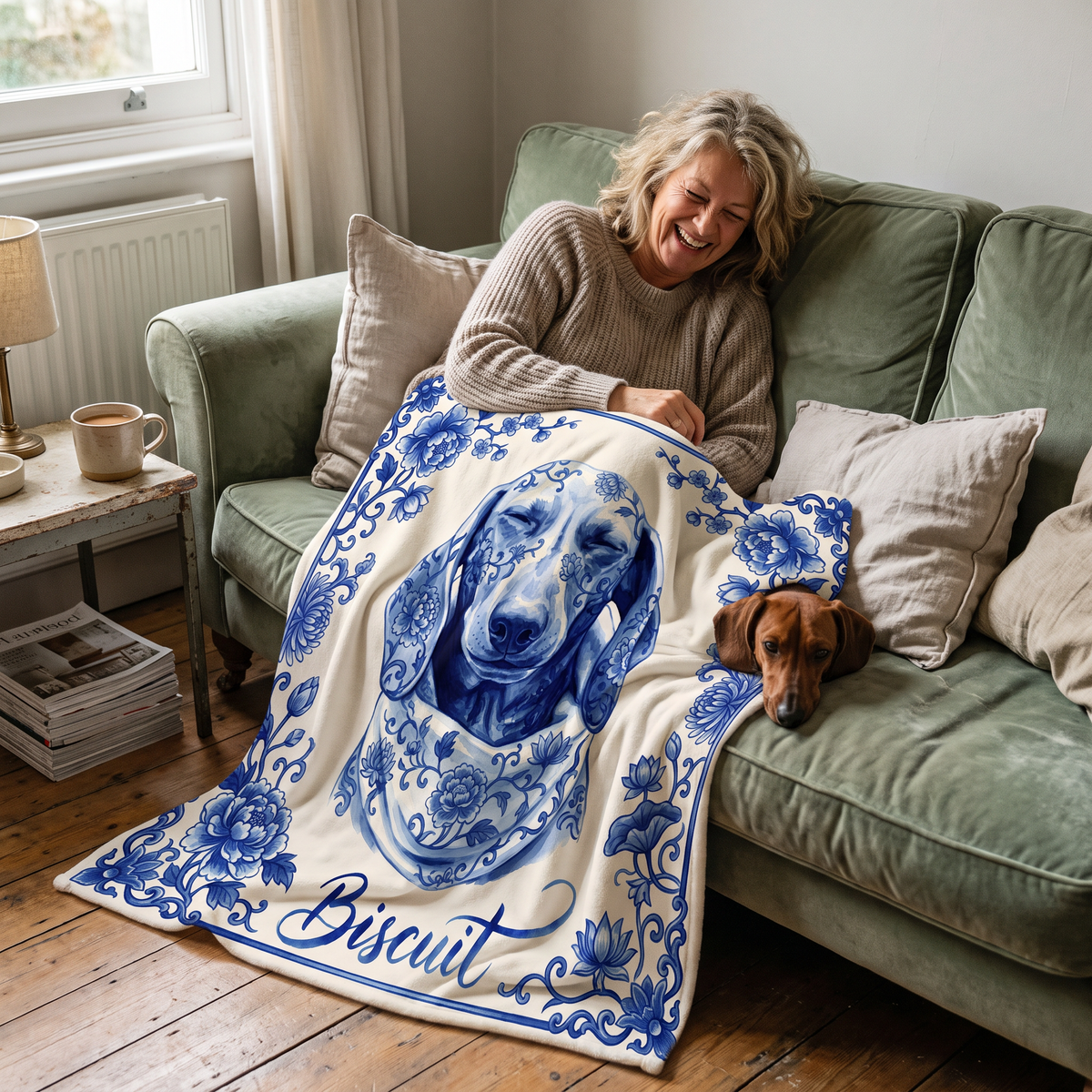 Woman cosy on the sofa under a personalised dachshund portrait blanket with her dog