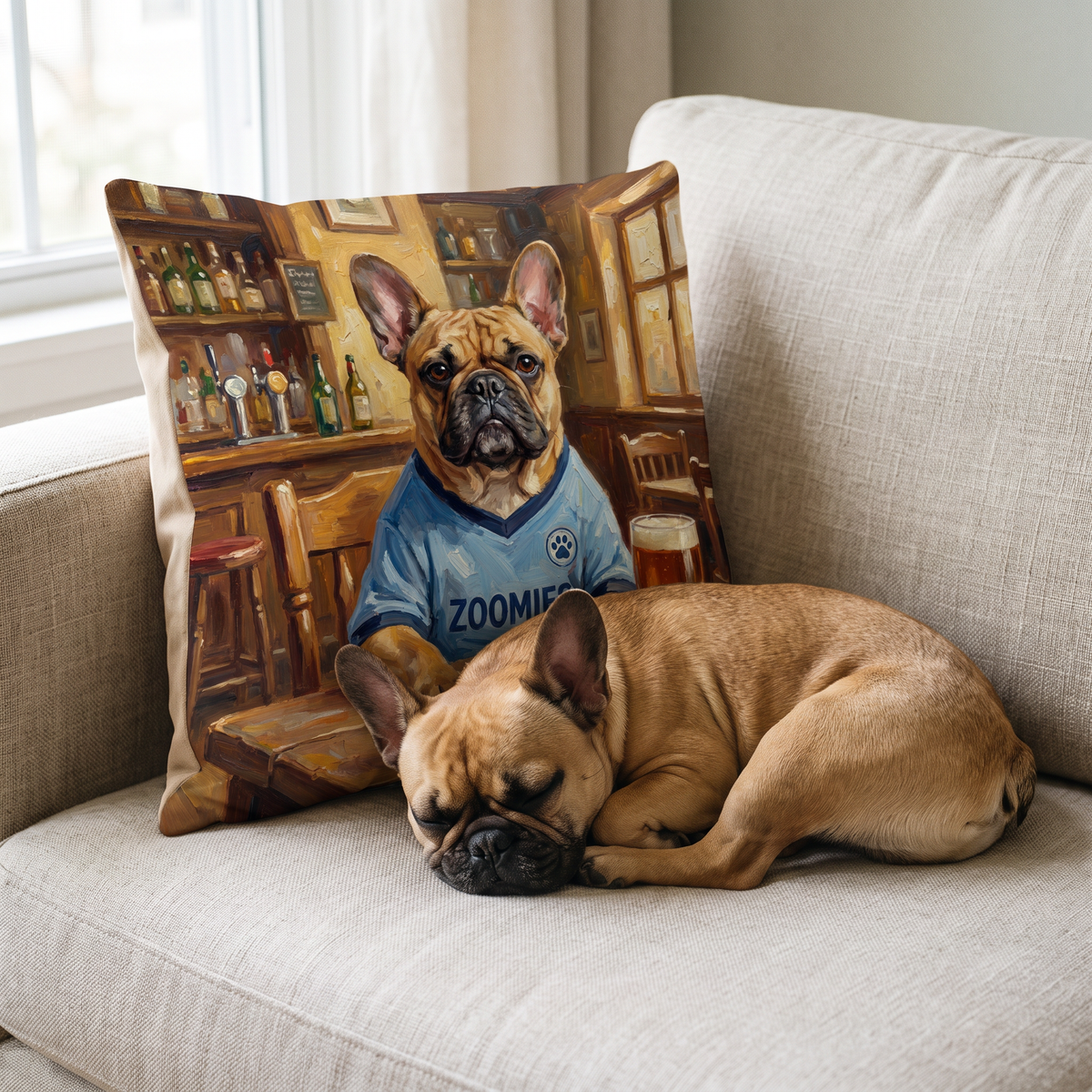 Pawchester City personalised pet cushion with the real pet