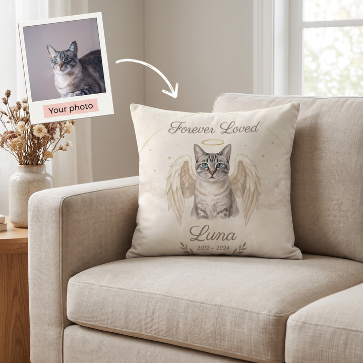 Your photo here - your pet's photo turned into an Angel Wings Memorial portrait on a personalised cushion