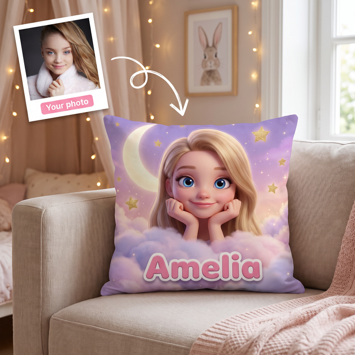 Your photo here - your child's photo turned into a Dreamy Clouds portrait on a personalised cushion