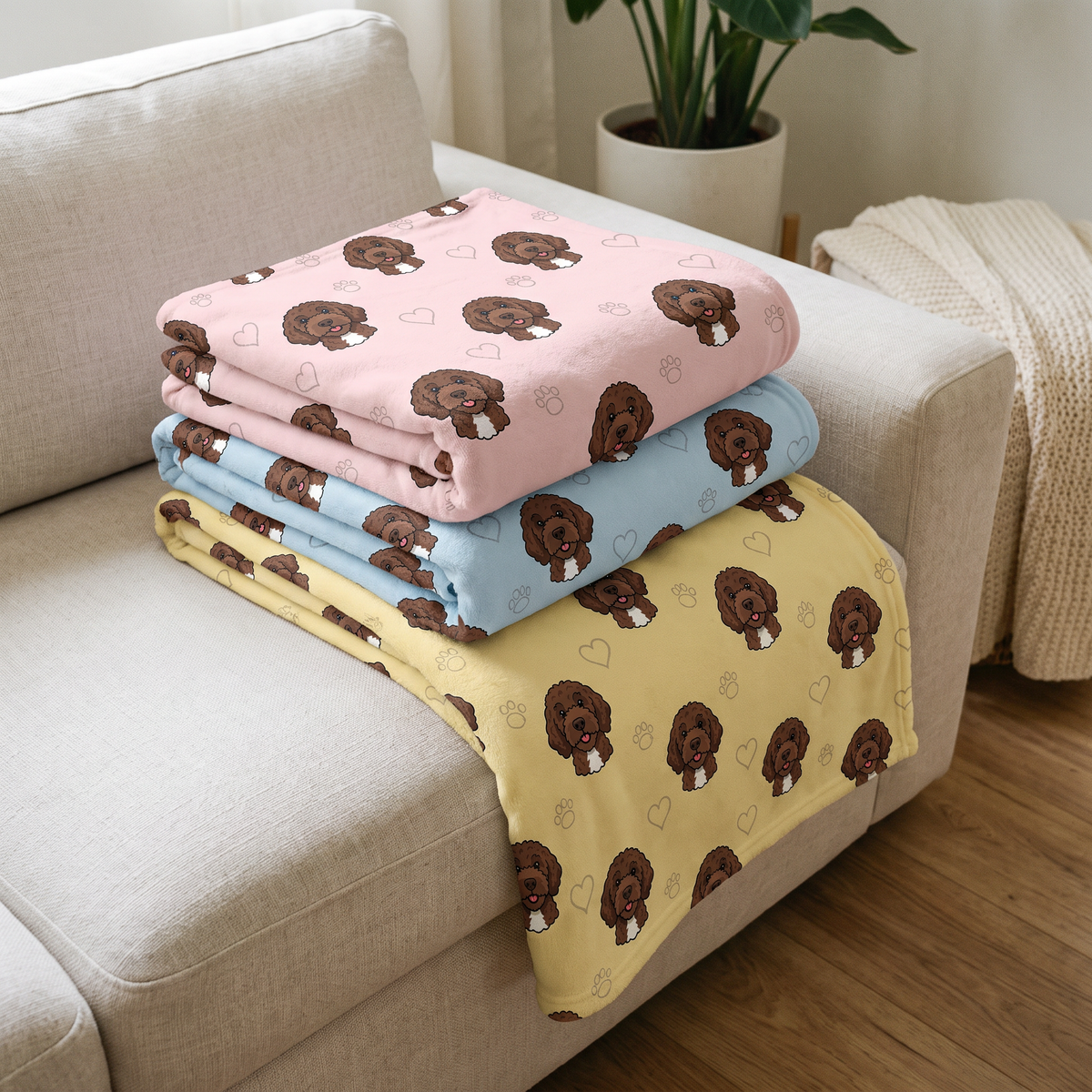 The Doodle Pattern pet blanket in three background colours