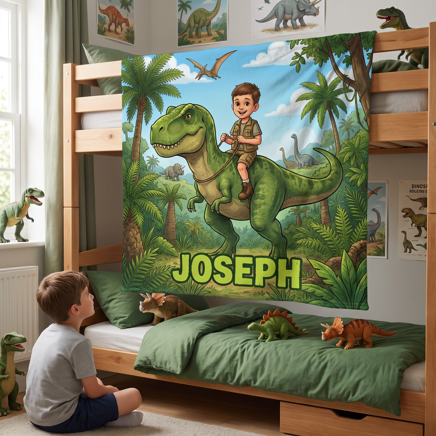 Dino Rider portrait fleece blanket in a cosy lifestyle setting