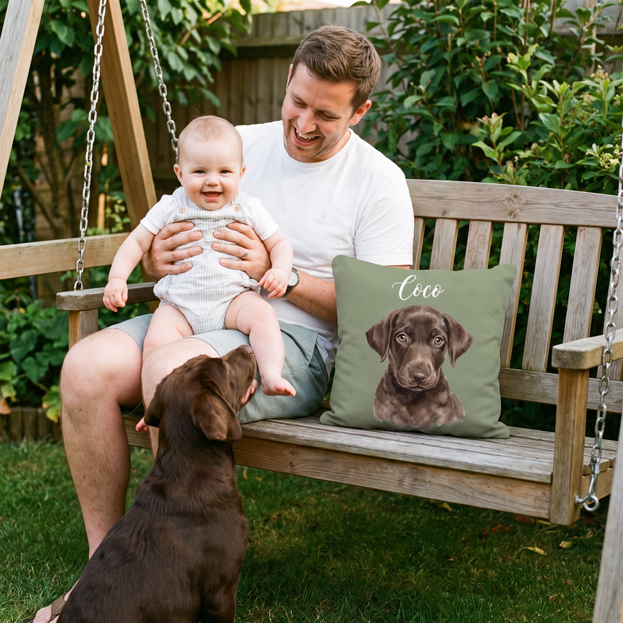 Watercolour pet portrait cushion 26cm x 26cm being enjoyed at home