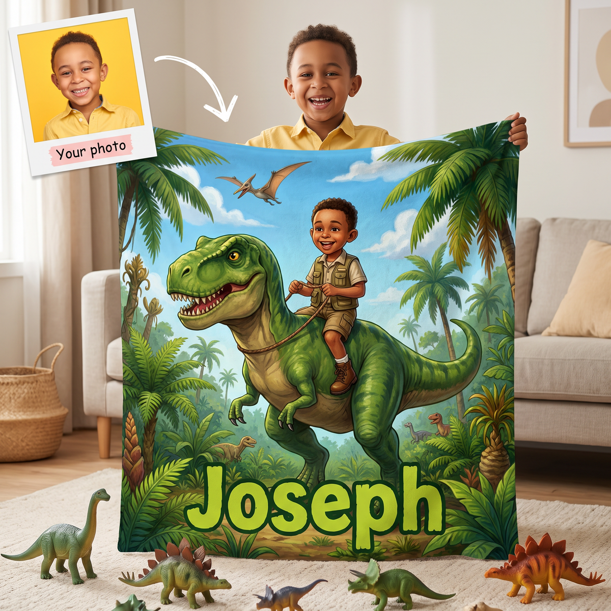 Your photo here - your child's photo turned into a Dino Rider portrait on a king size fleece blanket